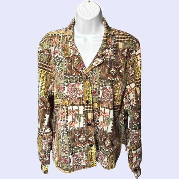 Fashion Attitudes patchwork geometric button up blouse brown green collared 90s - Picture 1 of 5
